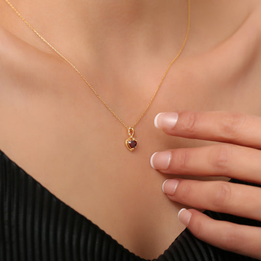 Garnet Infinity Heart Necklace in 14K Solid Gold with Real Diamonds | January Birthstone Queen Jewelry Necklace