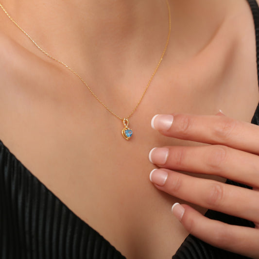 Blue Topaz Infinity Heart Necklace in 14K Solid Gold with Real Diamonds | December Birthstone Queen Jewelry Necklace
