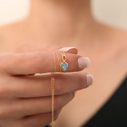 Blue Topaz Infinity Heart Necklace in 14K Solid Gold with Real Diamonds | December Birthstone Queen Jewelry Necklace