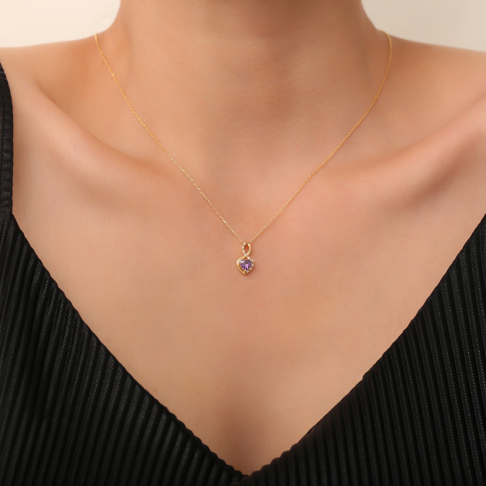 Amethyst Infinity Heart Necklace in 14K Solid Gold with Real Diamonds | February Birthstone Queen Jewelry Necklace