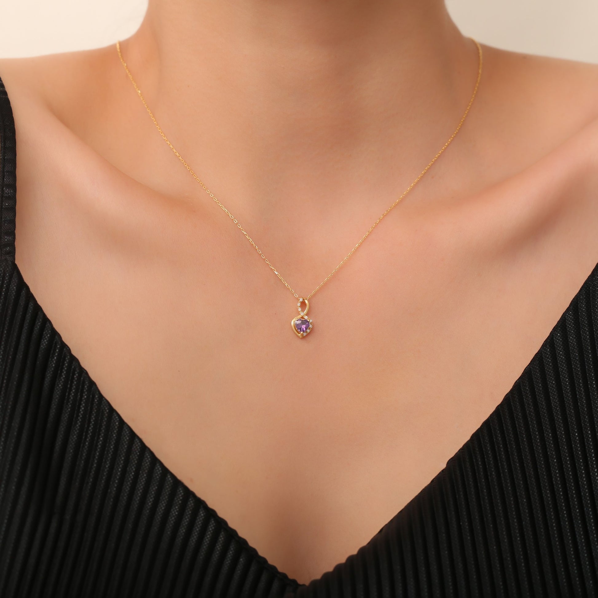 Amethyst Infinity Heart Necklace in 14K Solid Gold with Real Diamonds | February Birthstone Queen Jewelry Necklace