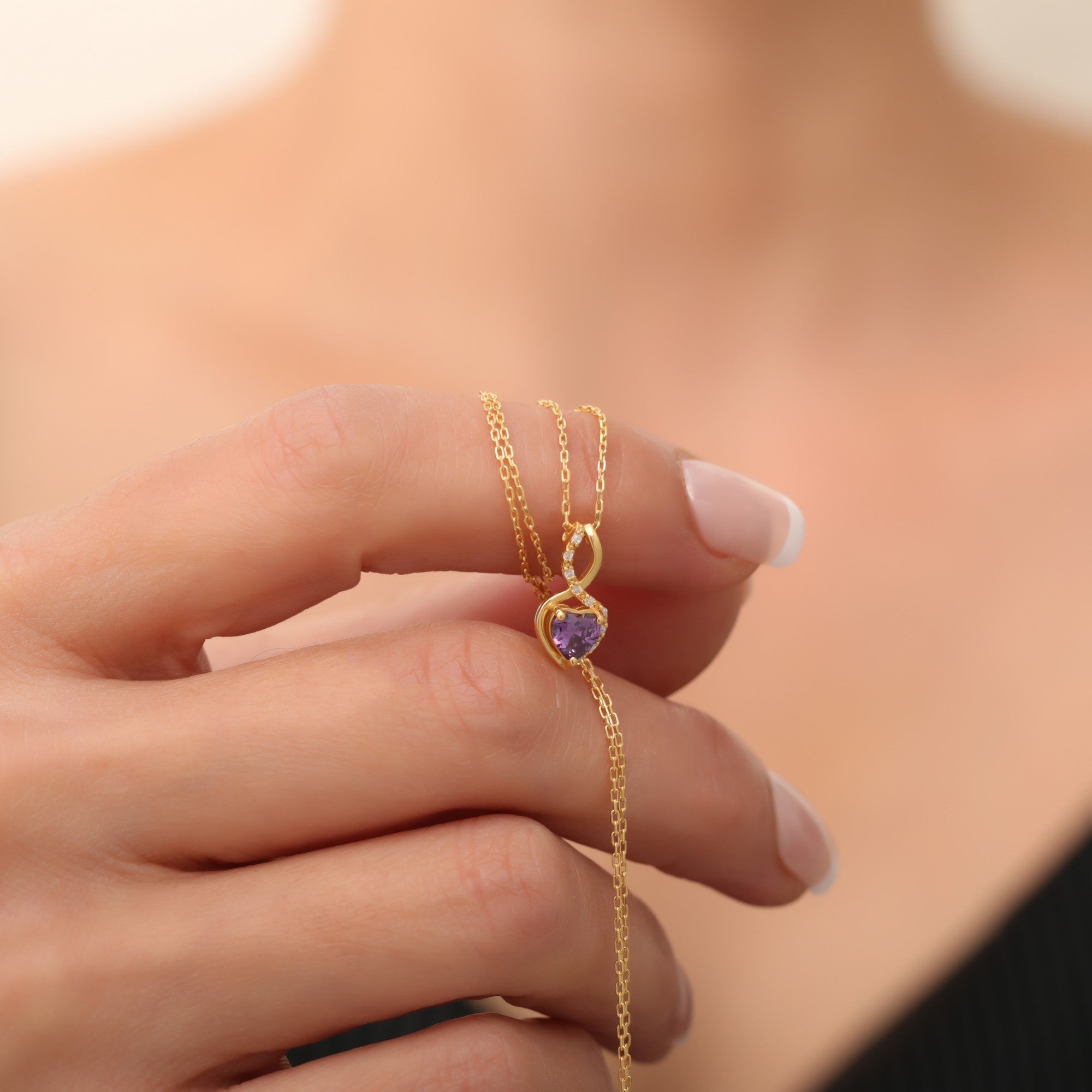 Amethyst Infinity Heart Necklace in 14K Solid Gold with Real Diamonds | February Birthstone Queen Jewelry Necklace