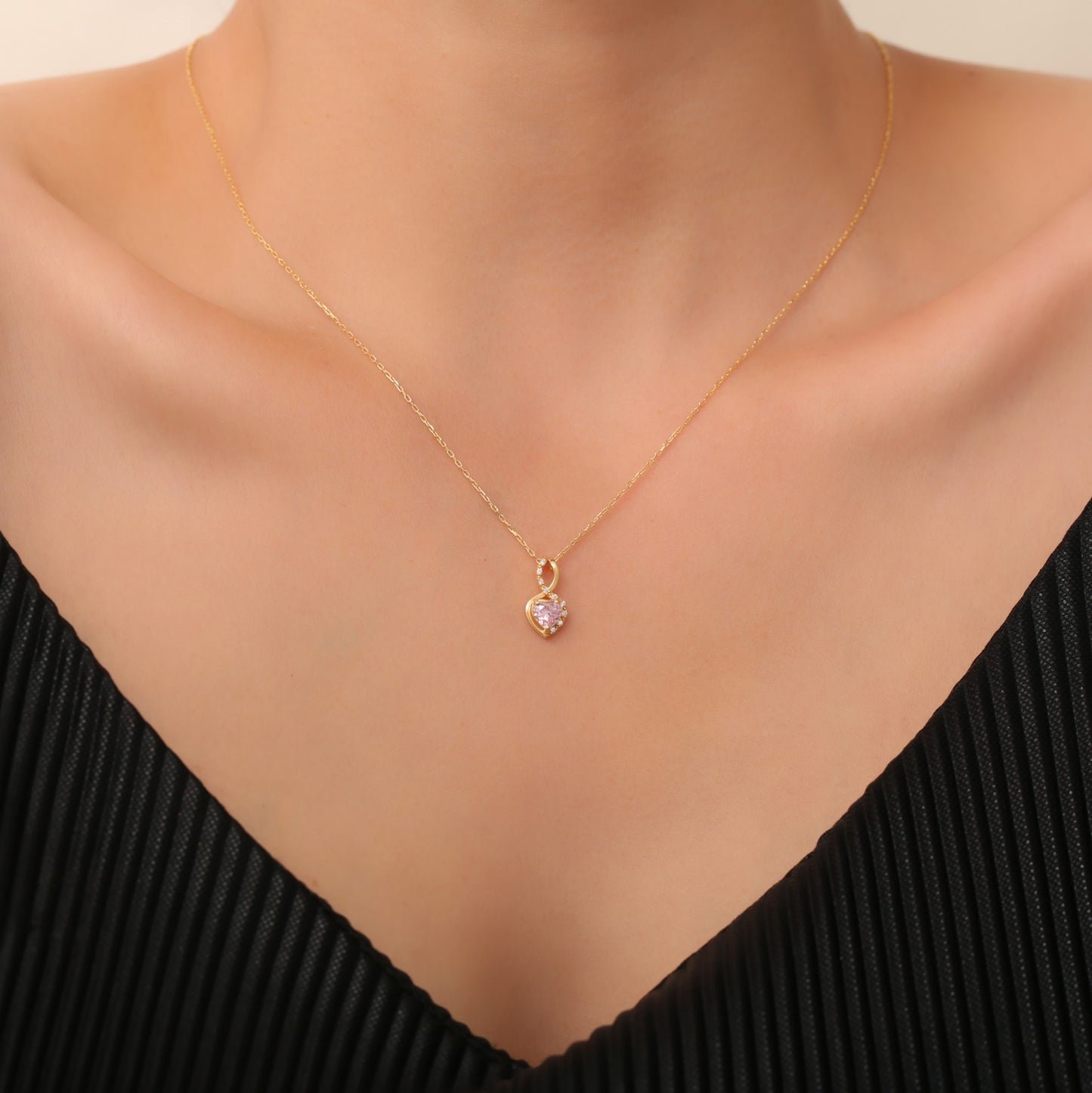 Pink Tourmaline Infinity Heart Necklace in 14K Solid Gold with Real Diamonds | October Birthstone Queen Jewelry Necklace