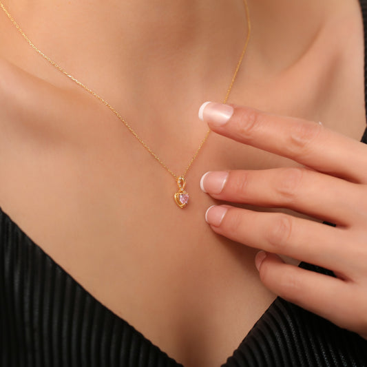 Pink Tourmaline Infinity Heart Necklace in 14K Solid Gold with Real Diamonds | October Birthstone Queen Jewelry Necklace