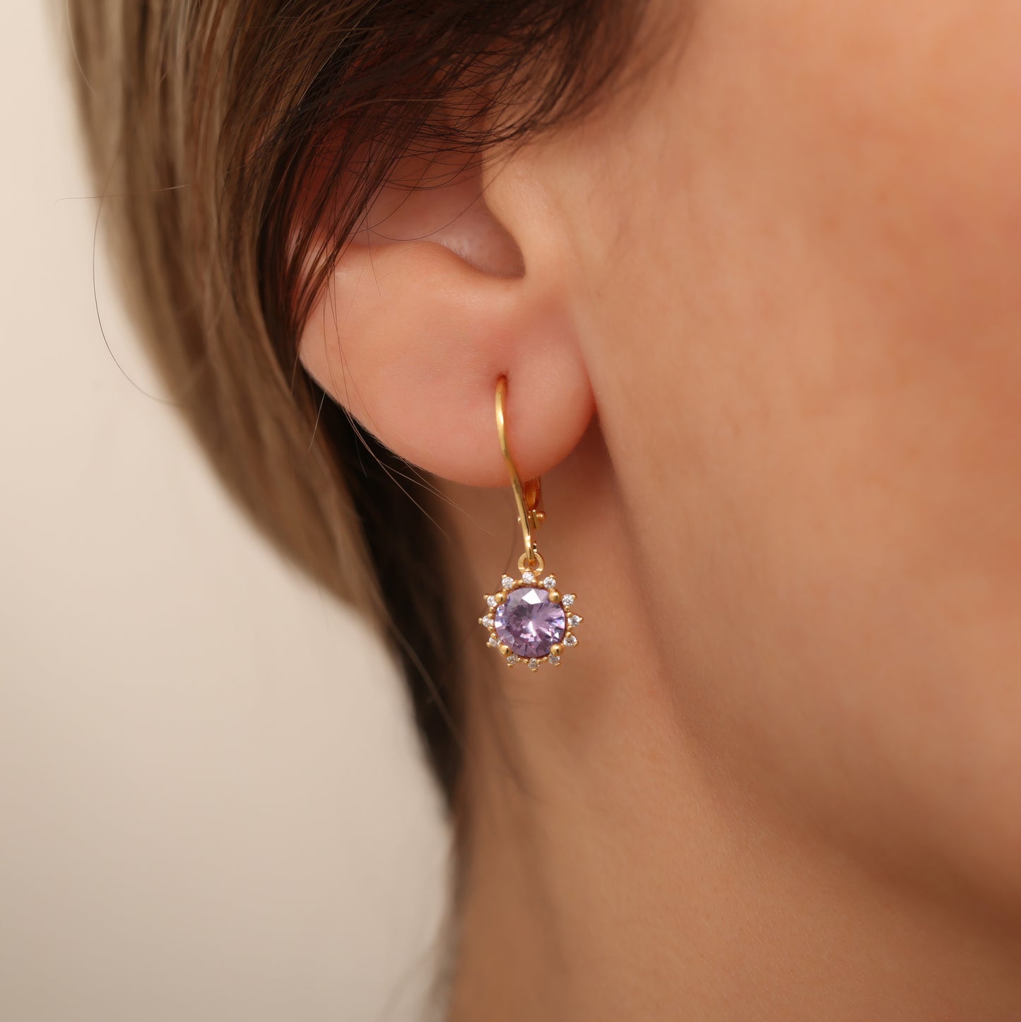 Dangle Alexandrite Round Earring Surrounded by Real Diamonds 8K/10K/14K Solid Gold, June Birthstone