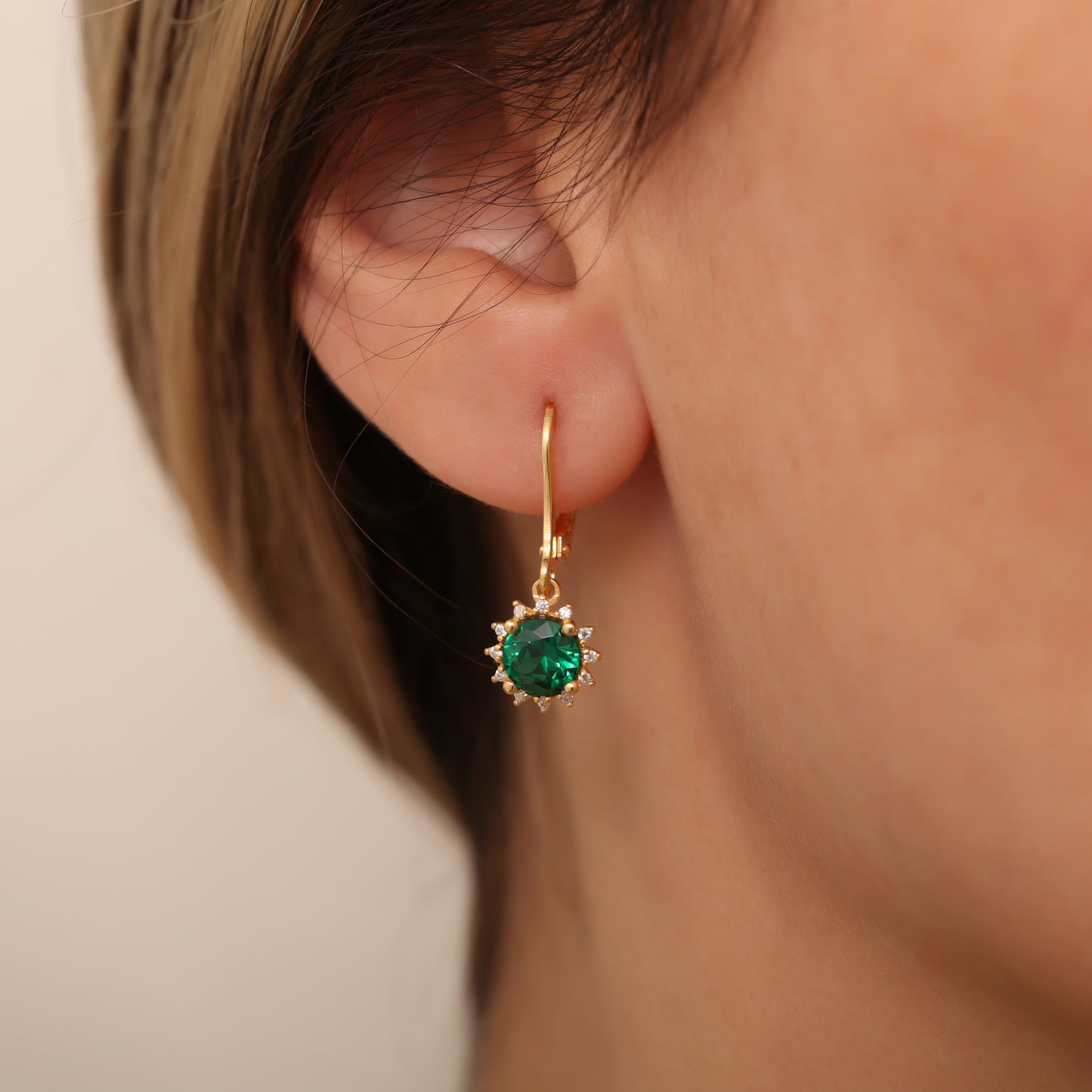 Dangle Emerald Round Earring Surrounded by Real Diamonds 8K/10K/14K Solid Gold, May Birthstone
