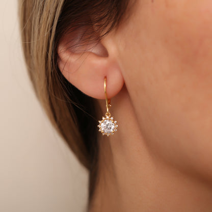 Dangle White Topaz Round Earring Surrounded by Real Diamonds 8K/10K/14K Solid Gold, April Birthstone