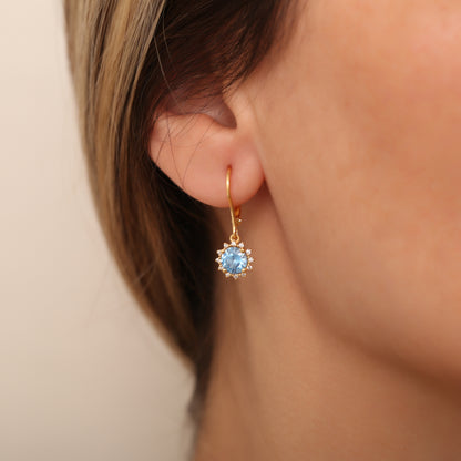 Dangle Aquamarine Round Earring Surrounded by Real Diamonds 8K/10K/14K Solid Gold, March Birthstone