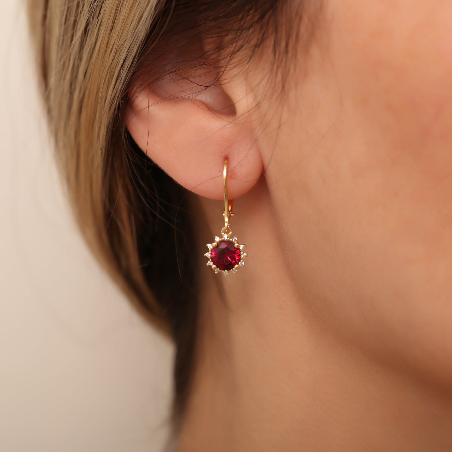 Dangle Ruby Round Earring Surrounded by Real Diamonds 8K/10K/14K Solid Gold, July Birthstone
