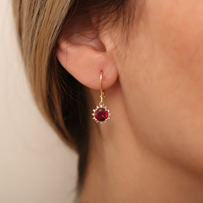 Dangle Ruby Round Earring Surrounded by Real Diamonds 8K/10K/14K Solid Gold, July Birthstone