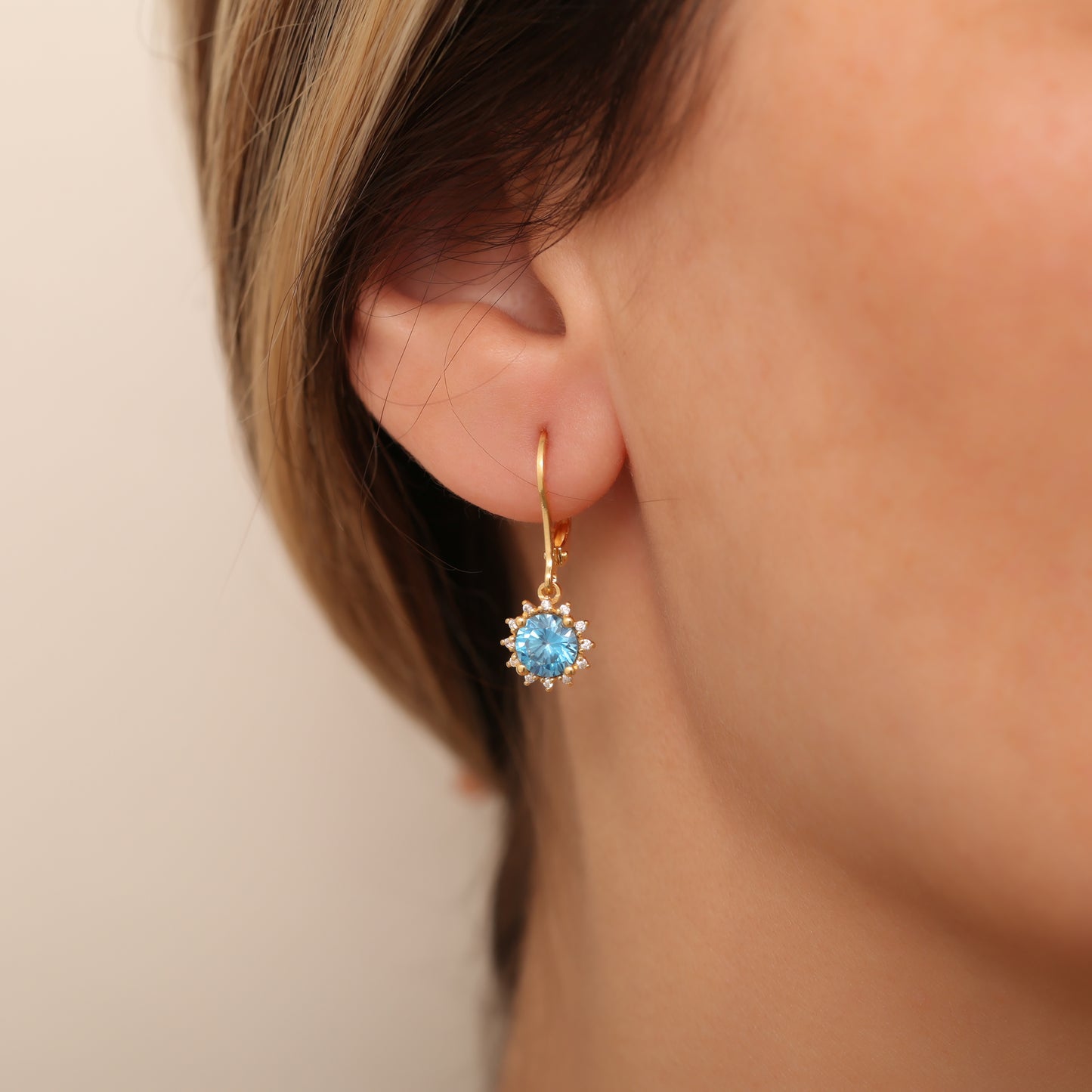 Dangle Blue Topaz Round Earring Surrounded by Real Diamonds 8K/10K/14K Solid Gold, December Birthstone