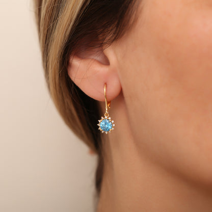Dangle Blue Topaz Round Earring Surrounded by Real Diamonds 8K/10K/14K Solid Gold, December Birthstone