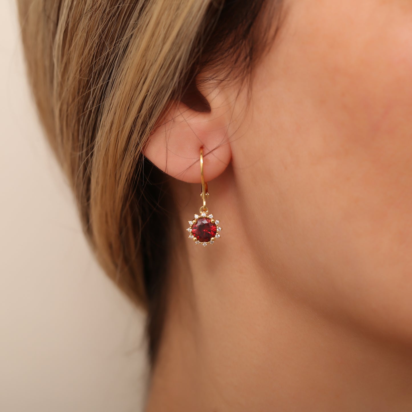 Dangle Garnet Round Earring Surrounded by Real Diamonds 8K/10K/14K Solid Gold, January Birthstone