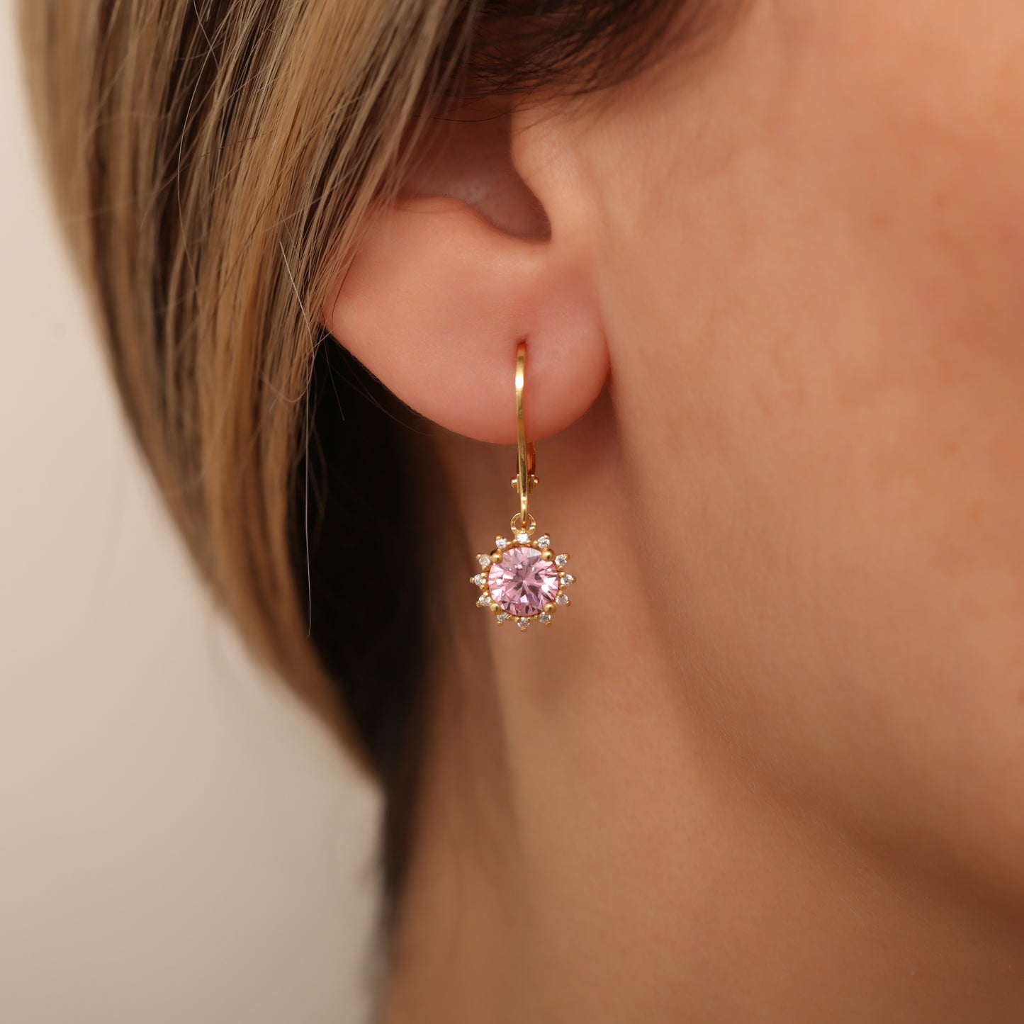 Dangle Pink Tourmaline Round Earring Surrounded by Real Diamonds 8K/10K/14K Solid Gold, October Birthstone