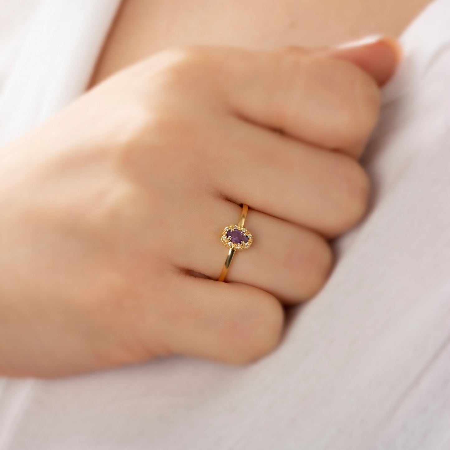 Amethyst Oval Ring in 14K Solid Gold with Real Diamonds, February Birthstone