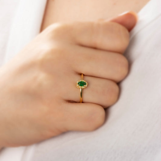 Emerald Oval Ring in 14K Solid Gold with Real Diamonds, May Birthstone