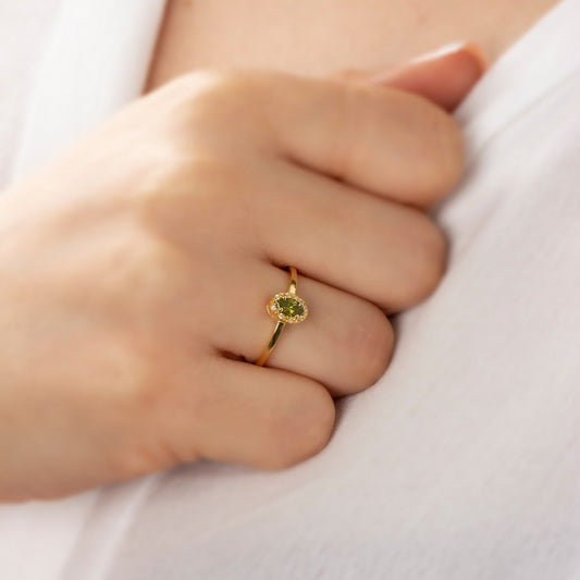Peridot Oval Ring in 14K Solid Gold with Real Diamonds, August Birthstone