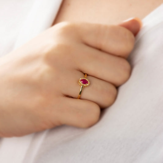 Ruby Oval Ring in 14K Solid Gold with Real Diamonds, July Birthstone