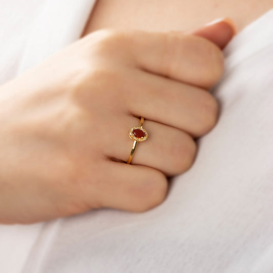 Garnet Oval Ring in 14K Solid Gold with Real Diamonds, January Birthstone