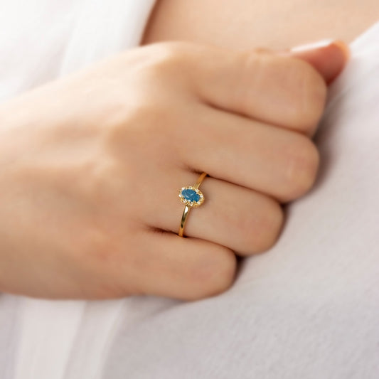 Blue Topaz Oval Ring in 14K Solid Gold with Real Diamonds, December Birthstone