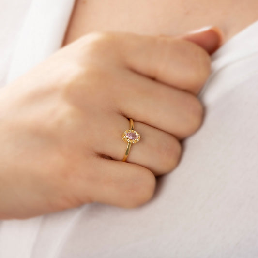 Pink Tourmaline Oval Ring in 14K Solid Gold with Real Diamonds, October Birthstone