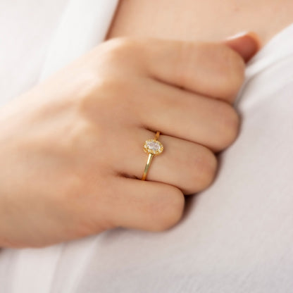 White Topaz Oval Ring in 14K Solid Gold with Real Diamonds, April Birthstone
