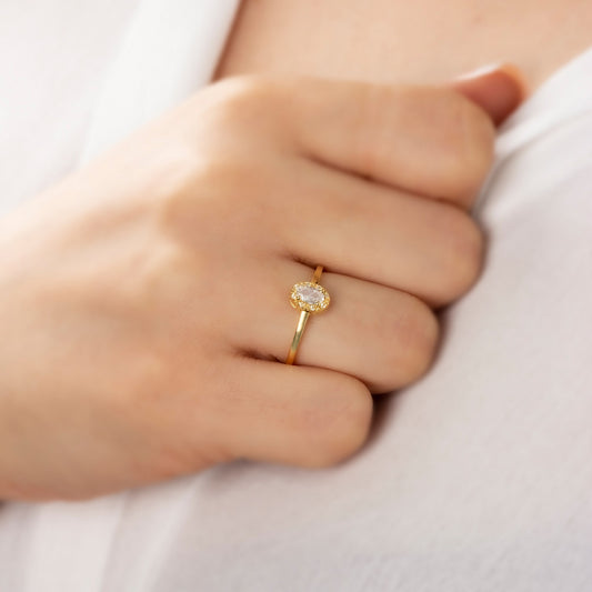 White Topaz Oval Ring in 14K Solid Gold with Real Diamonds, April Birthstone