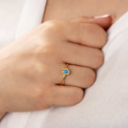 Aquamarine Oval Ring in 14K Solid Gold with Real Diamonds, March Birthstone