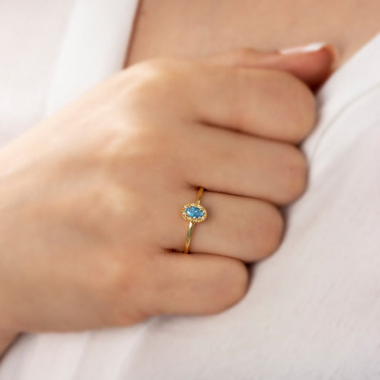 Aquamarine Oval Ring in 14K Solid Gold with Real Diamonds, March Birthstone