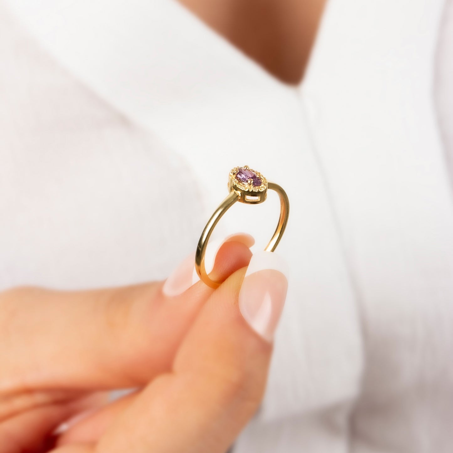 Amethyst Oval Ring in 14K Solid Gold with Real Diamonds, February Birthstone