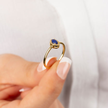 Sapphire Oval Ring in 14K Solid Gold with Real Diamonds, September Birthstone