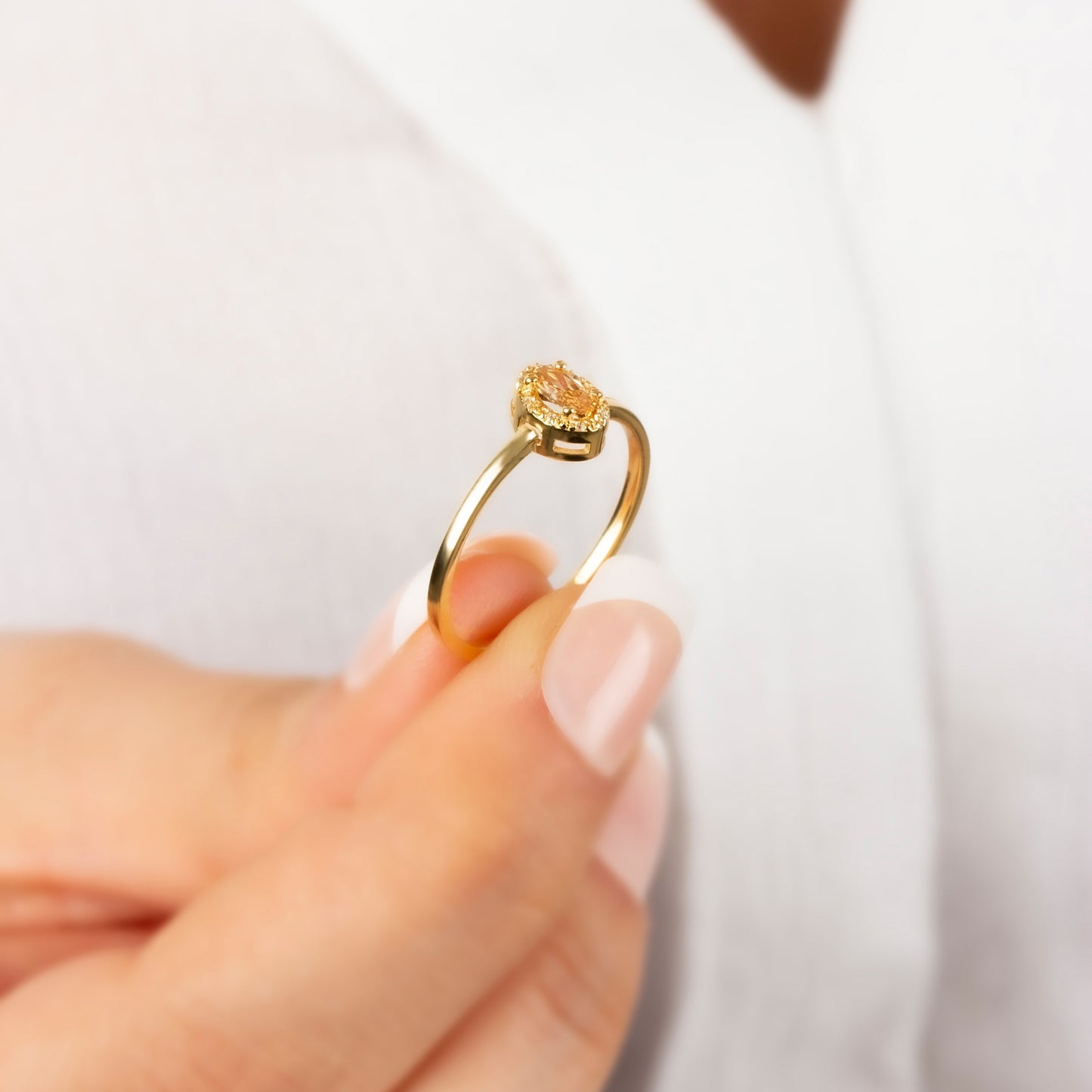 Citrine Oval Ring in 14K Solid Gold with Real Diamonds, November Birthstone