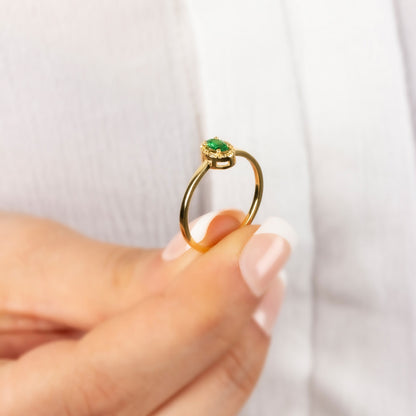 Emerald Oval Ring in 14K Solid Gold with Real Diamonds, May Birthstone