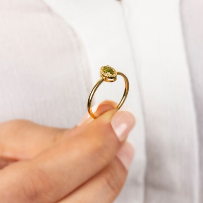 Peridot Oval Ring in 14K Solid Gold with Real Diamonds, August Birthstone