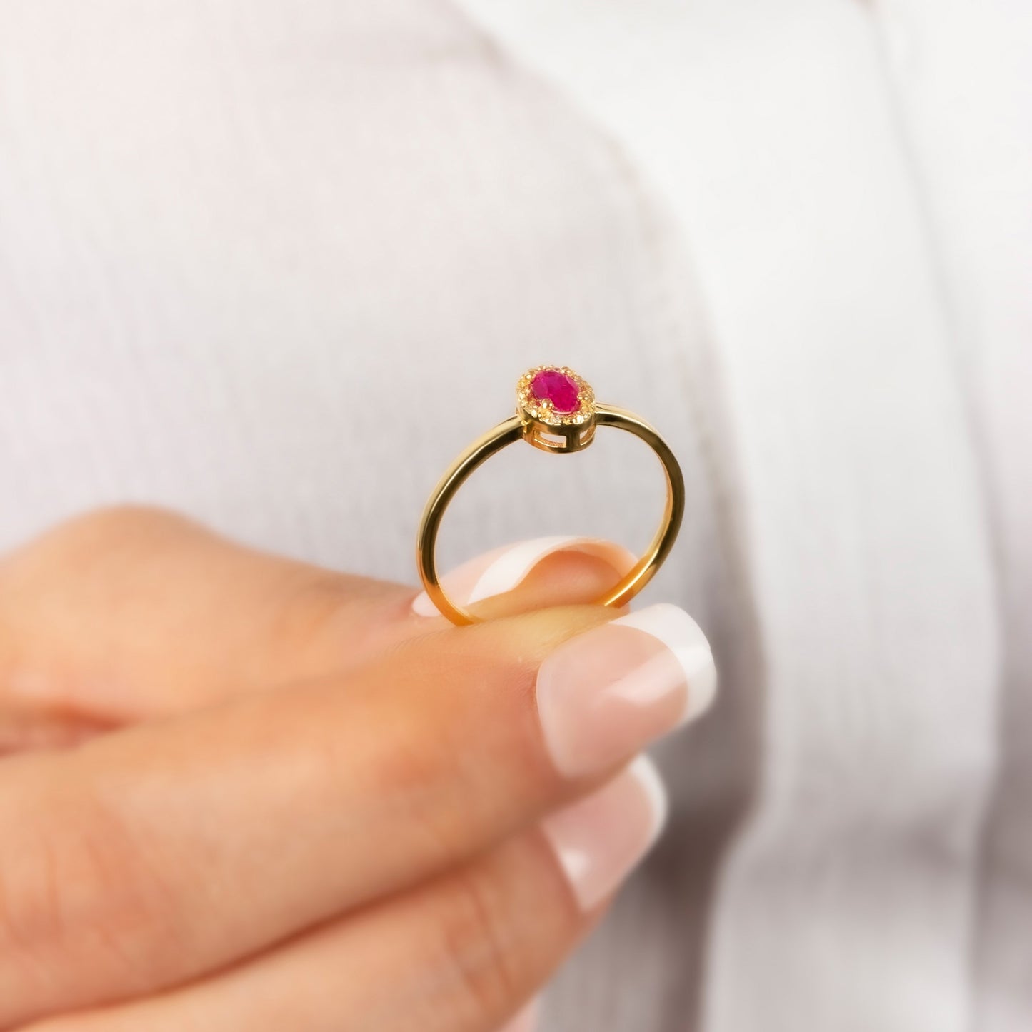 Ruby Oval Ring in 14K Solid Gold with Real Diamonds, July Birthstone