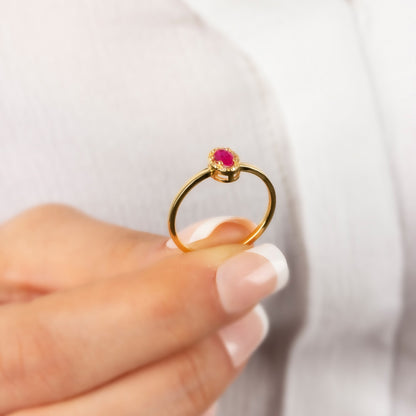 Ruby Oval Ring in 14K Solid Gold with Real Diamonds, July Birthstone