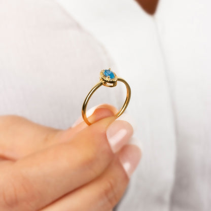 Blue Topaz Oval Ring in 14K Solid Gold with Real Diamonds, December Birthstone
