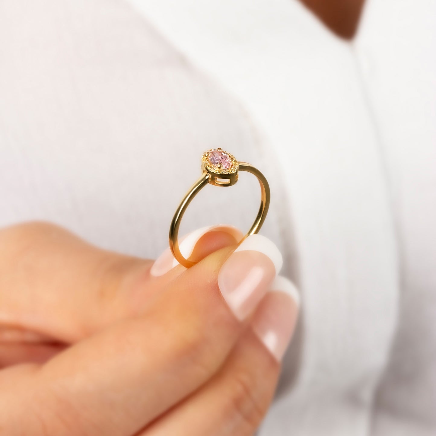 Pink Tourmaline Oval Ring in 14K Solid Gold with Real Diamonds, October Birthstone