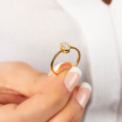 White Topaz Oval Ring in 14K Solid Gold with Real Diamonds, April Birthstone