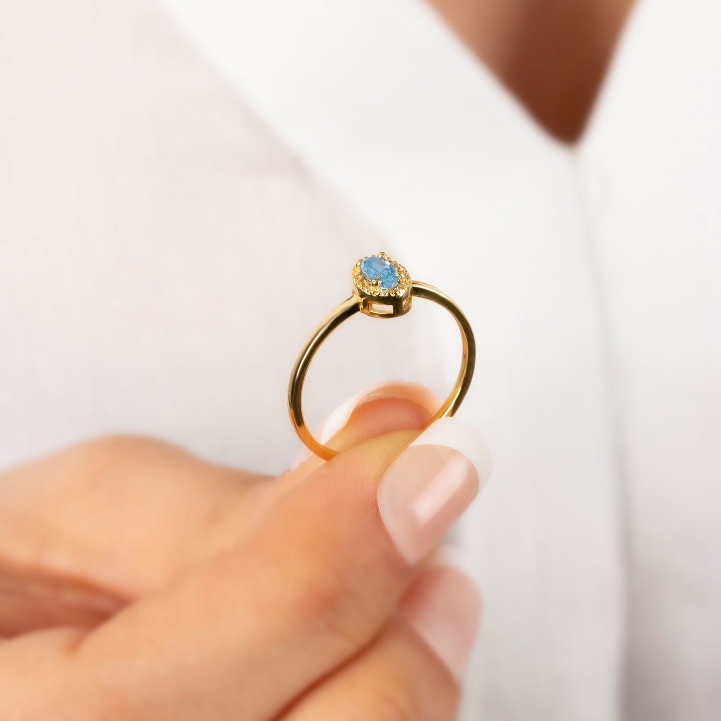 Aquamarine Oval Ring in 14K Solid Gold with Real Diamonds, March Birthstone
