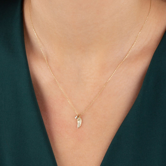 Angel Wing Necklace with Real Diamond | 14K Solid Gold Queen Jewelry Necklace