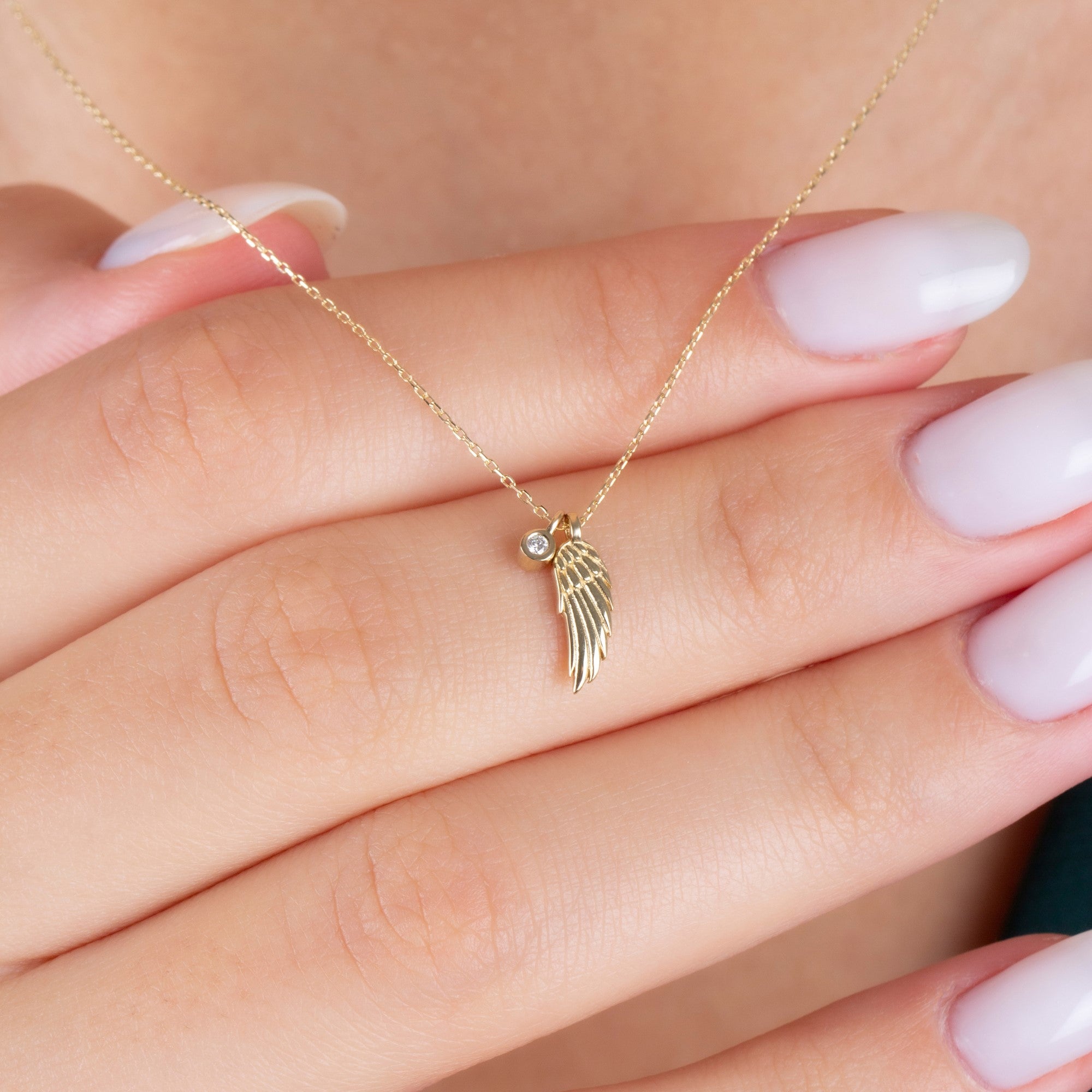Angel Wing Necklace with Real Diamond | 14K Solid Gold Queen Jewelry Necklace