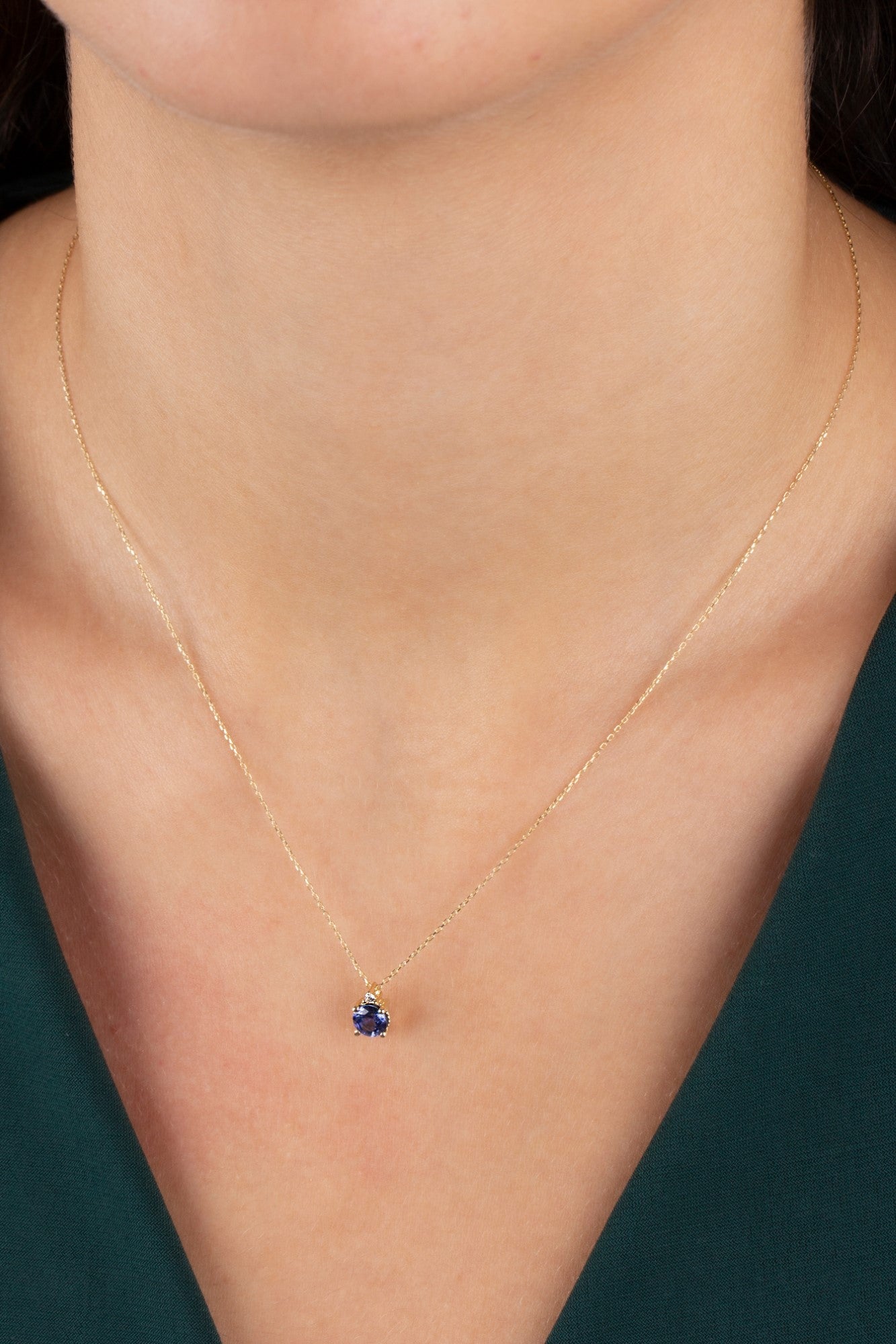 Round Sapphire Necklace with Real Diamond | 14K Solid Gold Queen Jewelry Necklace