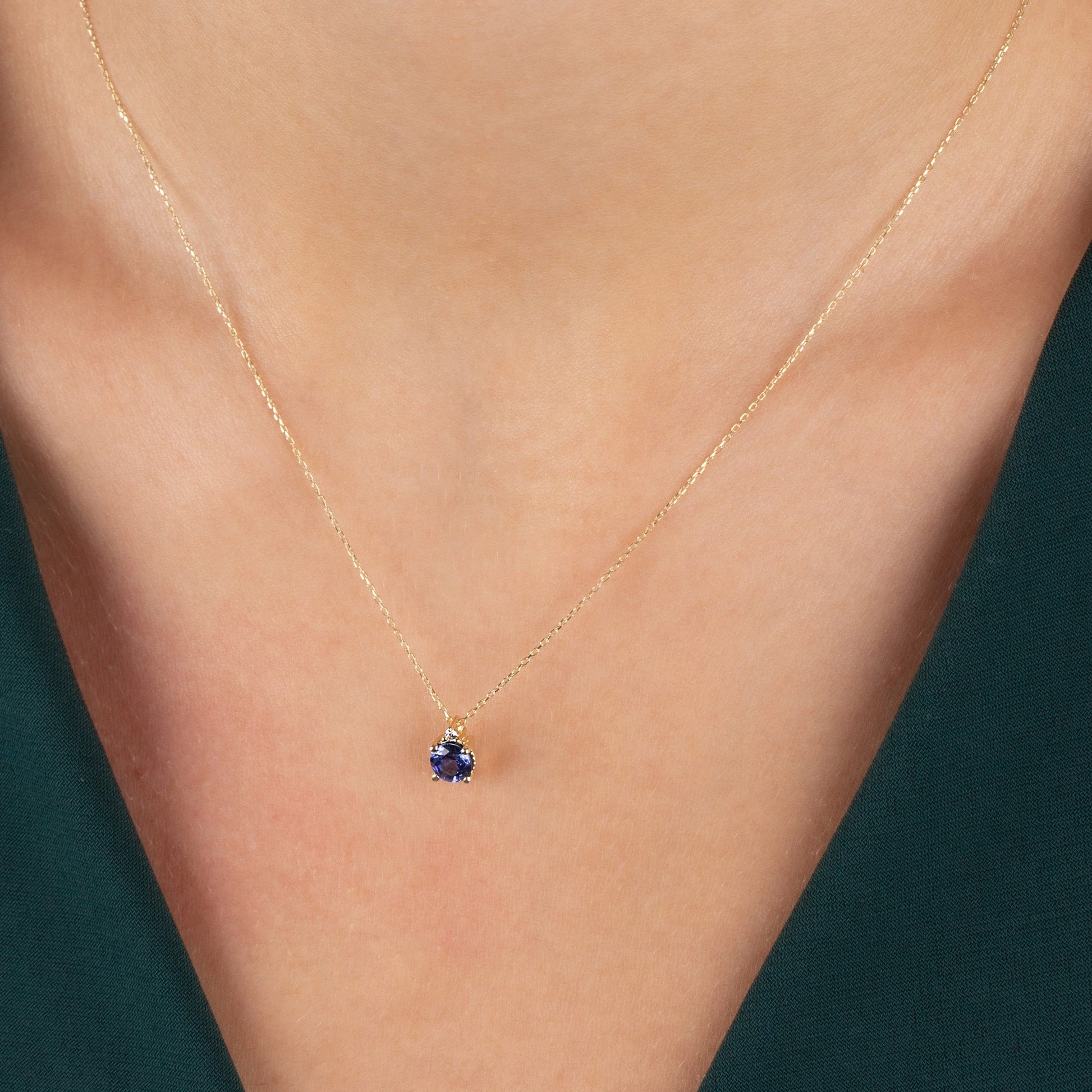 Round Sapphire Necklace with Real Diamond | 14K Solid Gold Queen Jewelry Necklace