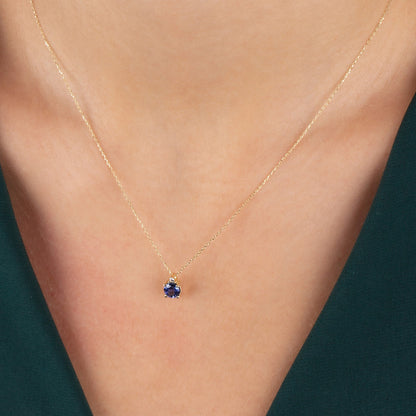 Round Sapphire Necklace with Real Diamond | 14K Solid Gold Queen Jewelry Necklace