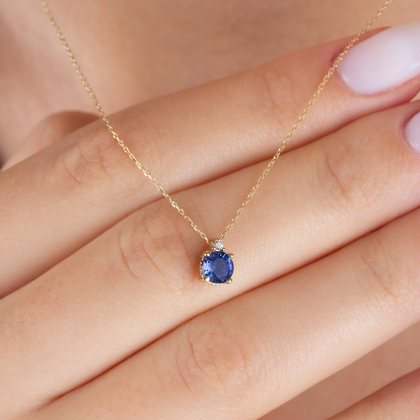 Round Sapphire Necklace with Real Diamond | 14K Solid Gold Queen Jewelry Necklace