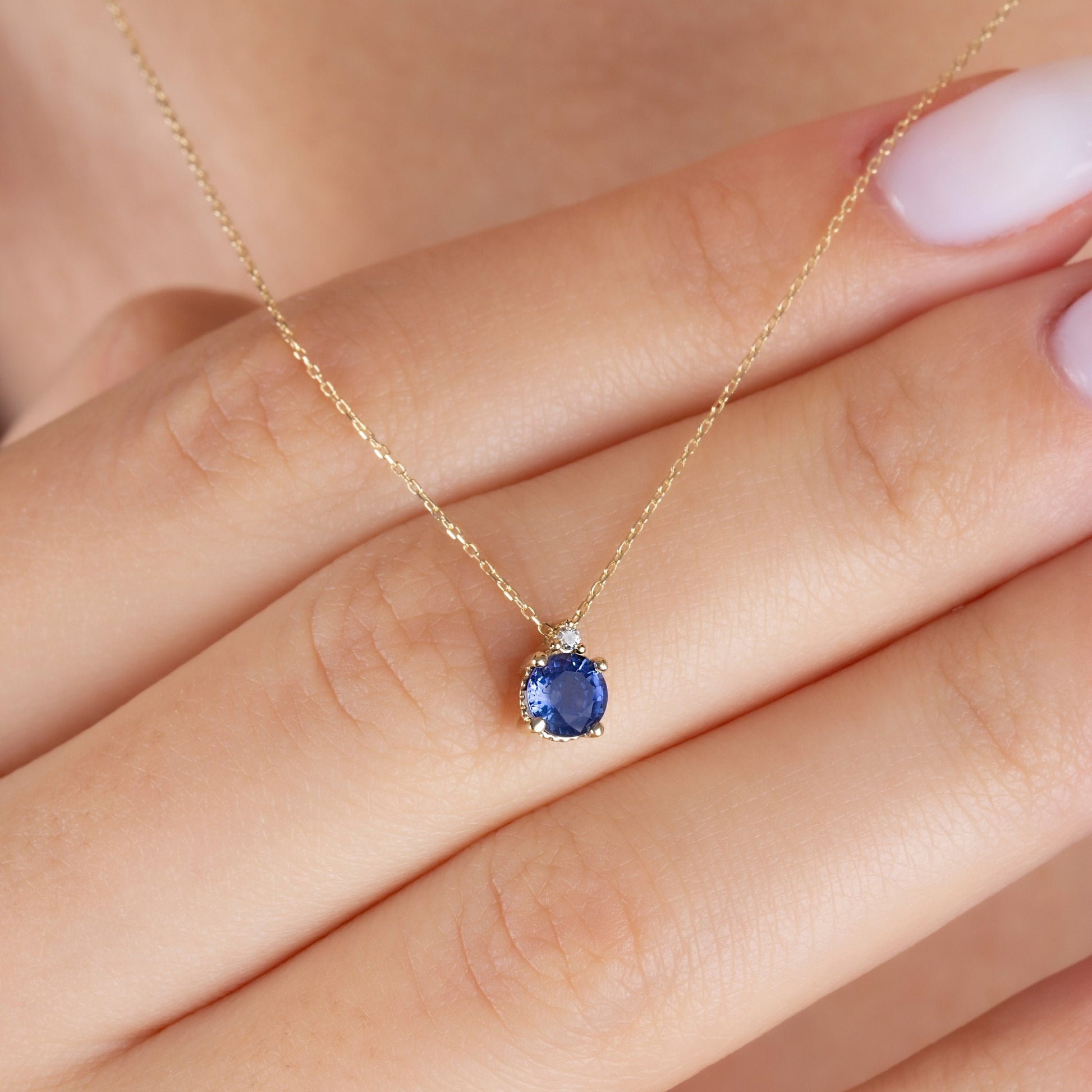 Round Sapphire Necklace with Real Diamond | 14K Solid Gold Queen Jewelry Necklace