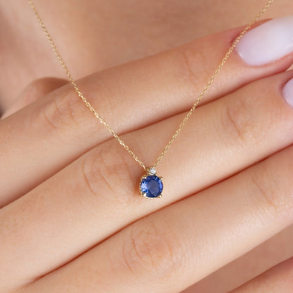 Round Sapphire Necklace with Real Diamond | 14K Solid Gold Queen Jewelry Necklace