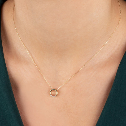 Hollow Circle Necklace with Real Diamonds | 14K Solid Gold Queen Jewelry Necklace