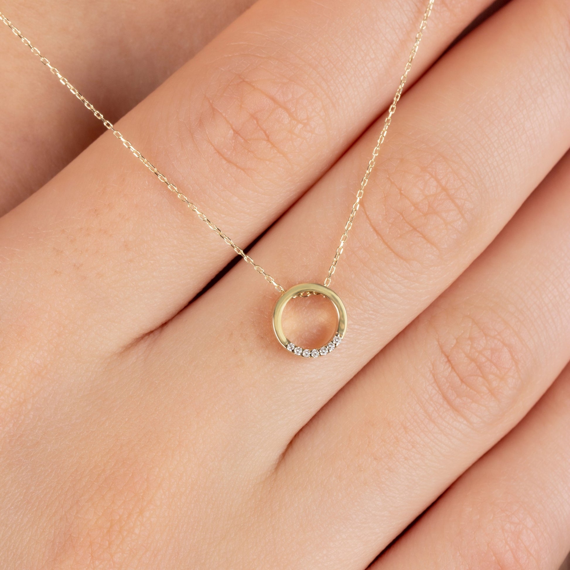 Hollow Circle Necklace with Real Diamonds | 14K Solid Gold Queen Jewelry Necklace